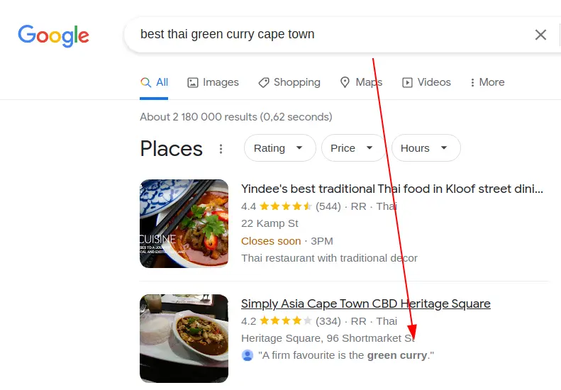 Google places thai curry result